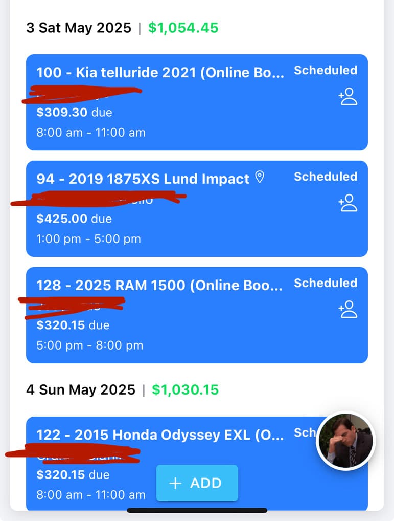 Booked calendar — $1,054 Saturday, $1,030 Sunday
